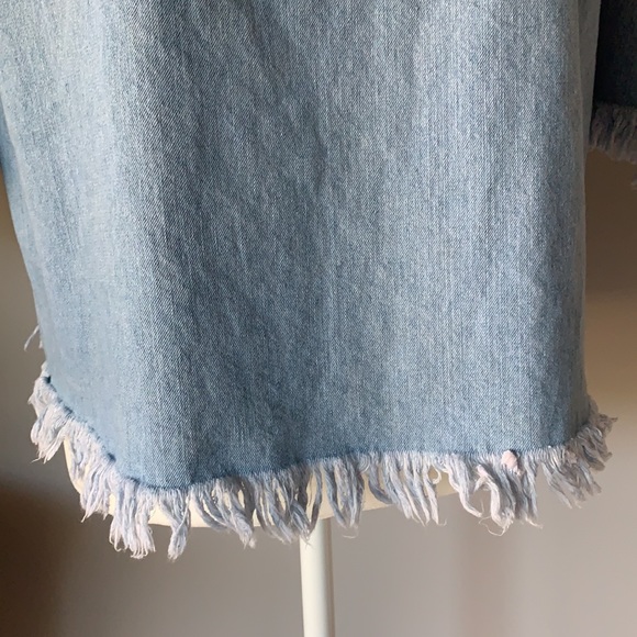 Sweet Wanderer Women’s Denim Raw Fringe Hem Off the Shoulder Top - Picture 3 of 6